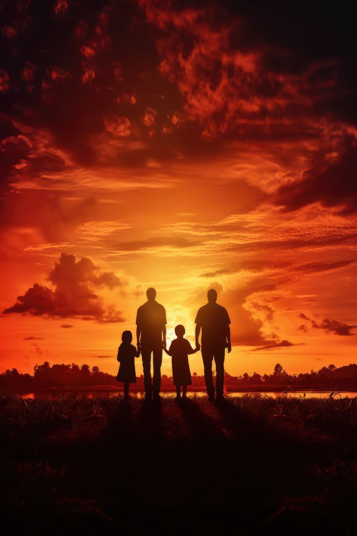 Silhouette of male gay couple with two daughters at sunset, created using generative ai technology - Free Images, Stock Photos and Pictures on Pikwizard.com