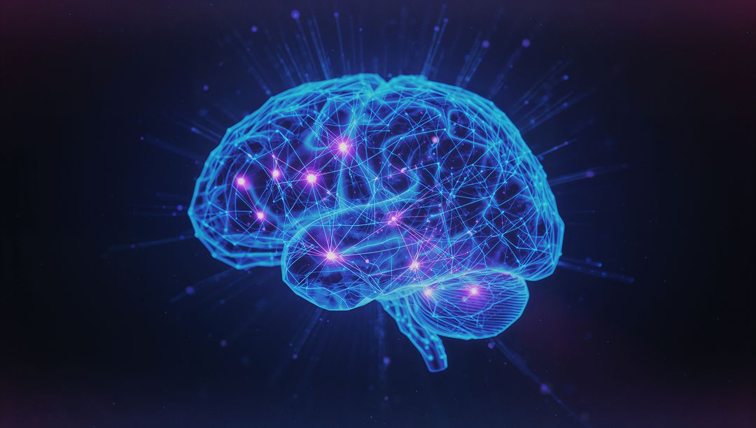Futuristic Neon Wireframe Brain with Neural Connectivity