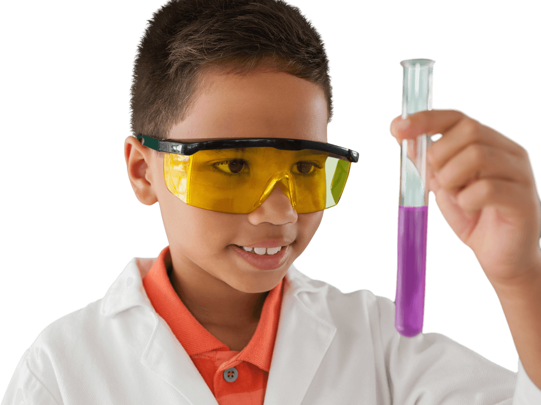 Young Boy in Transparent Safety Glasses Examining Test Tube