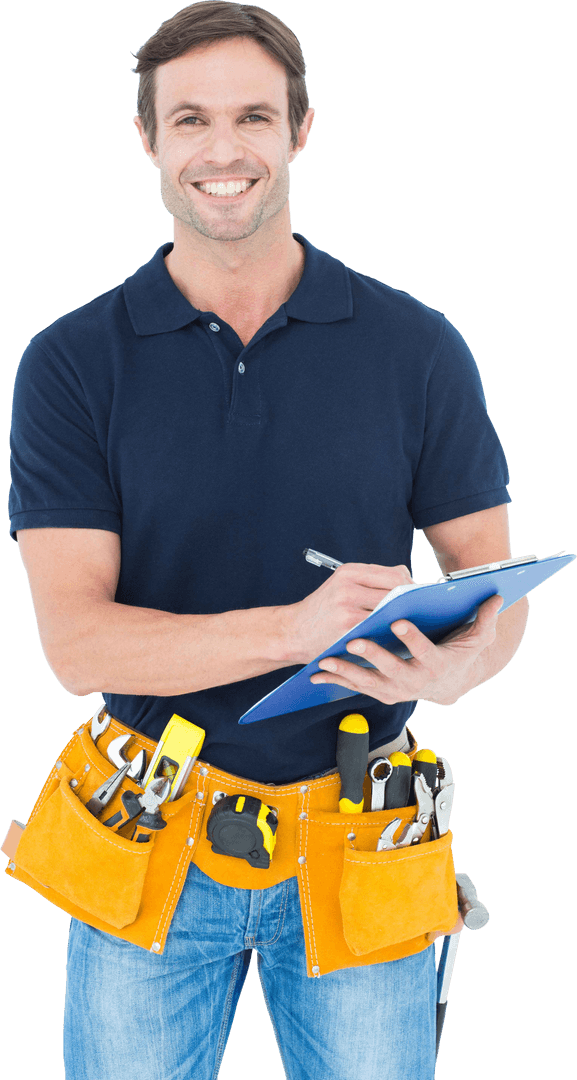Transparent Smiling Carpenter Holding Clipboard with Tool Belt