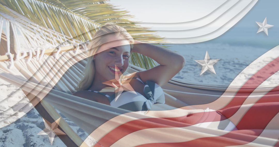 Woman Relaxing on Beach Hammock with American Patriotic Overlay