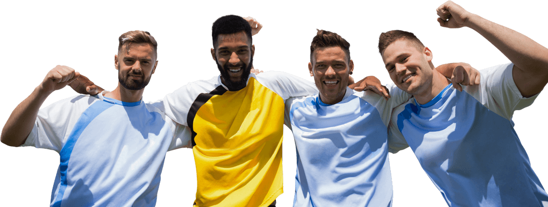 Transparent Cheerful Multiracial Soccer Players Embracing in Celebration