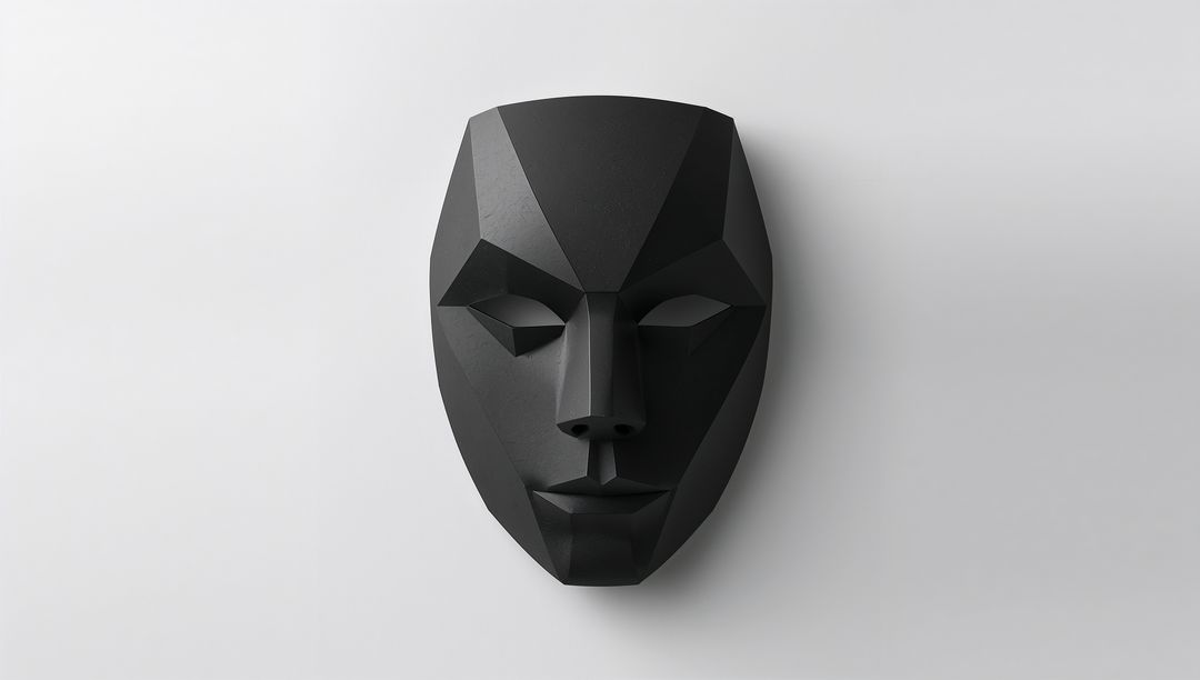 Matte Black Faceted Geometric Mask Casting Soft Shadow on Smooth Light-Gray Wall Minimal