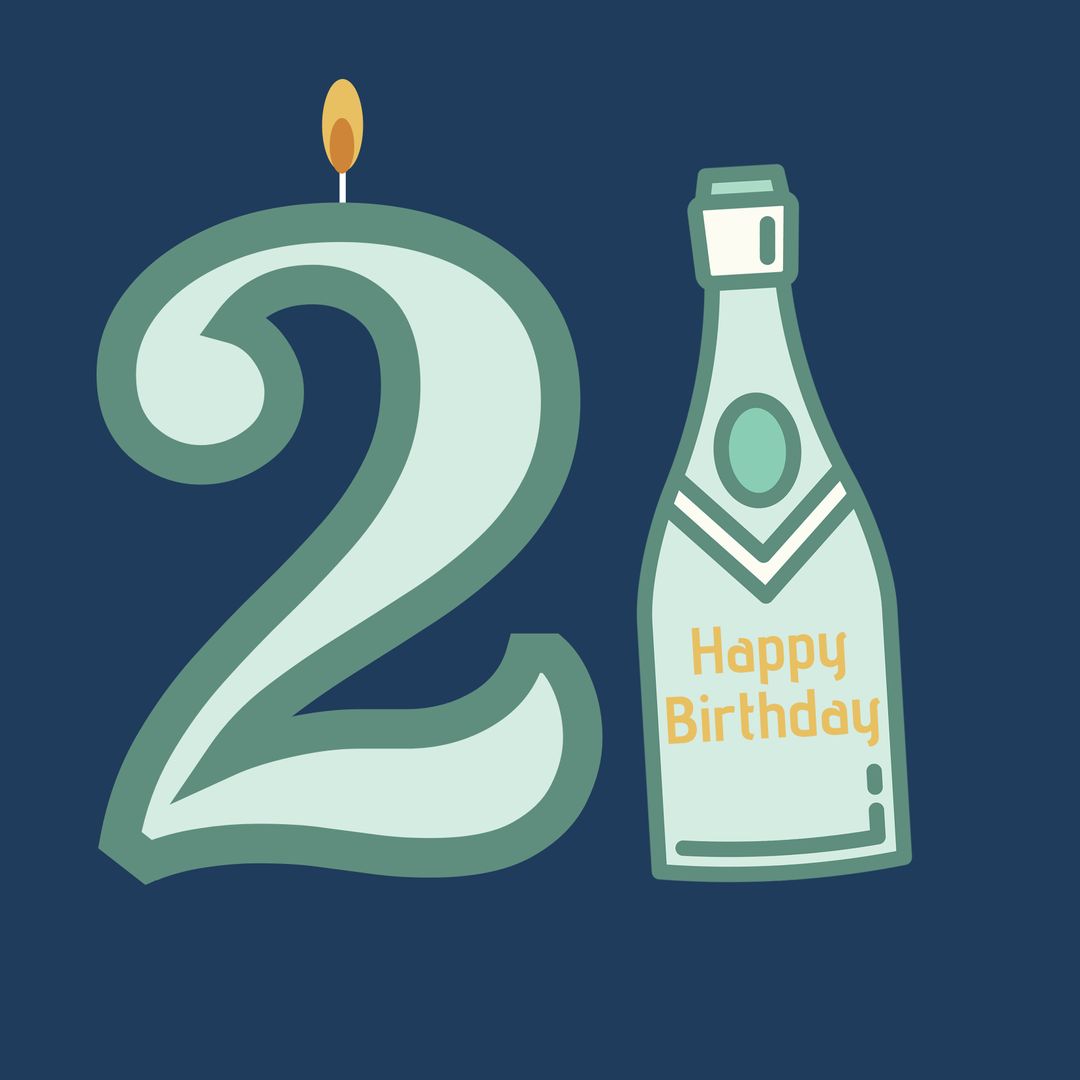 Celebratory 21st Birthday Candle and Champagne Bottle on Blue Background - Download Free Stock Templates Pikwizard.com