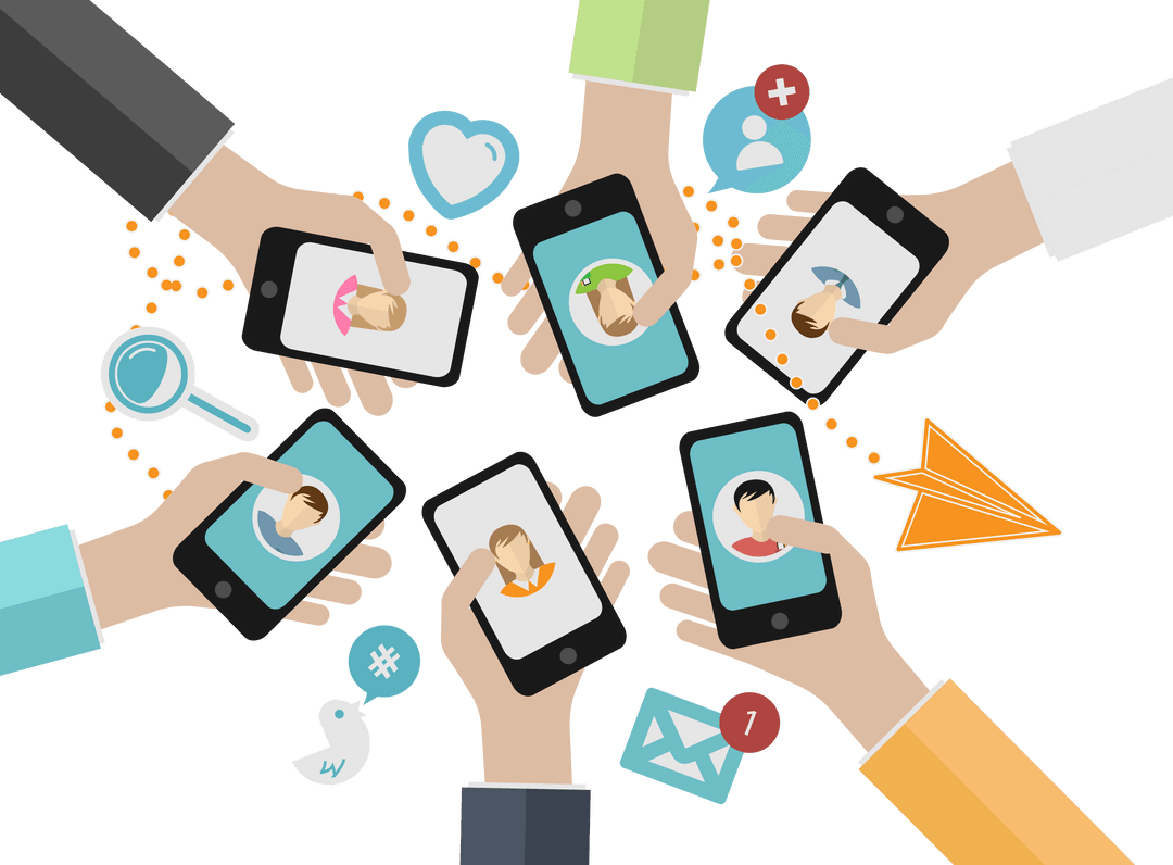 Hands Engaging with Social Media Apps on Transparent Background