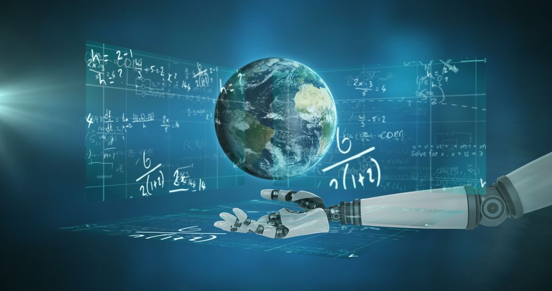 Futuristic Robotic Hand and Globe with Scientific Data Visuals