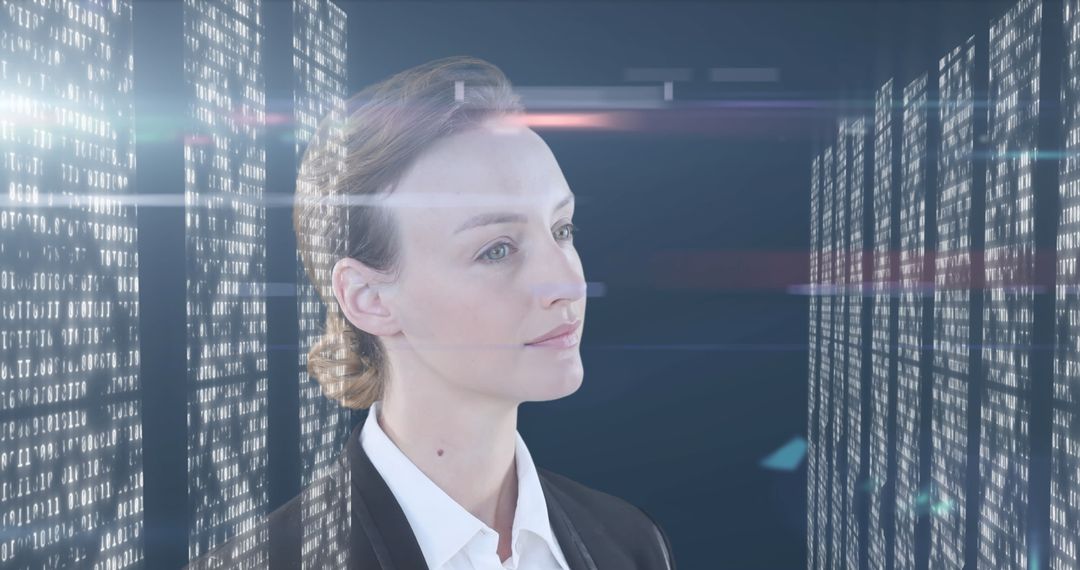 Businesswoman Insightfully Analyzing Data in High-Tech Server Environment