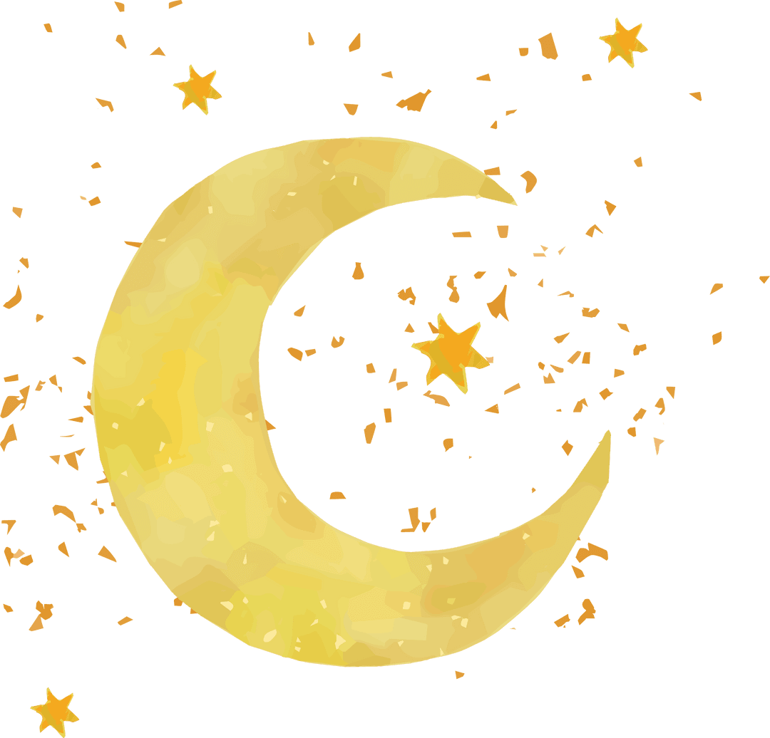 Whimsical Watercolor Crescent Moon with Stars on Transparent Background