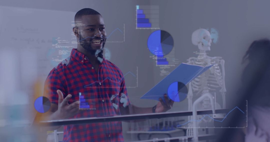 Teacher Analyzing Data with Augmented Reality in Classroom