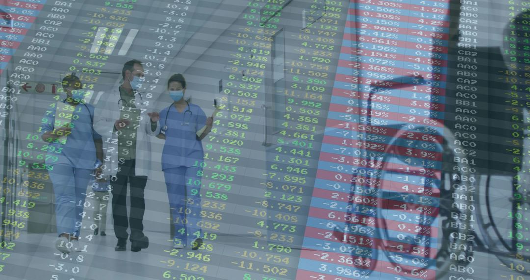 Healthcare Professionals Walking with Stock Market Data Overlay