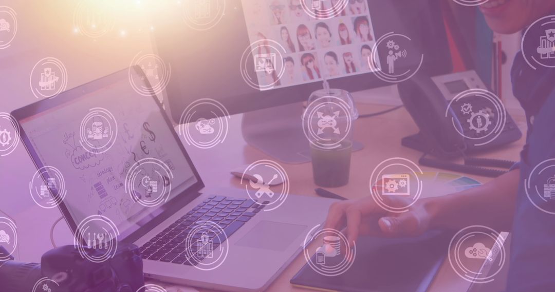 Digital Networking Over Businessman with Camera and Laptop in Office