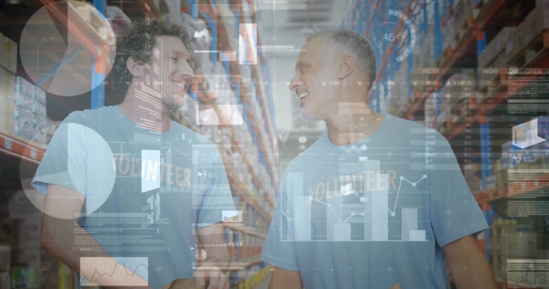 Smiling Warehouse Workers with Financial Data Overlay