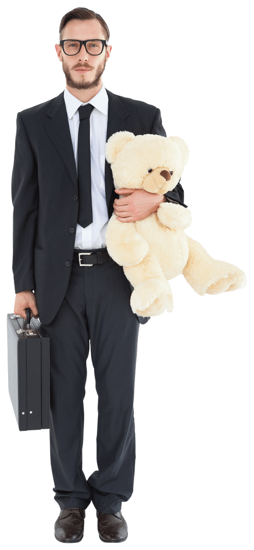 Transparent Businessman Holding Teddy Bear and Briefcase