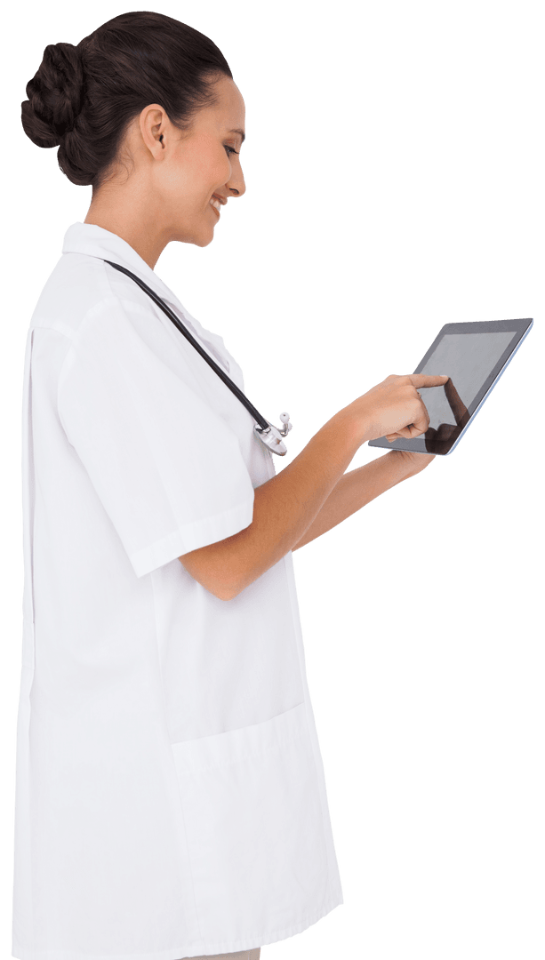 Smiling Nurse Utilizing Digital Tablet on Transparent Background