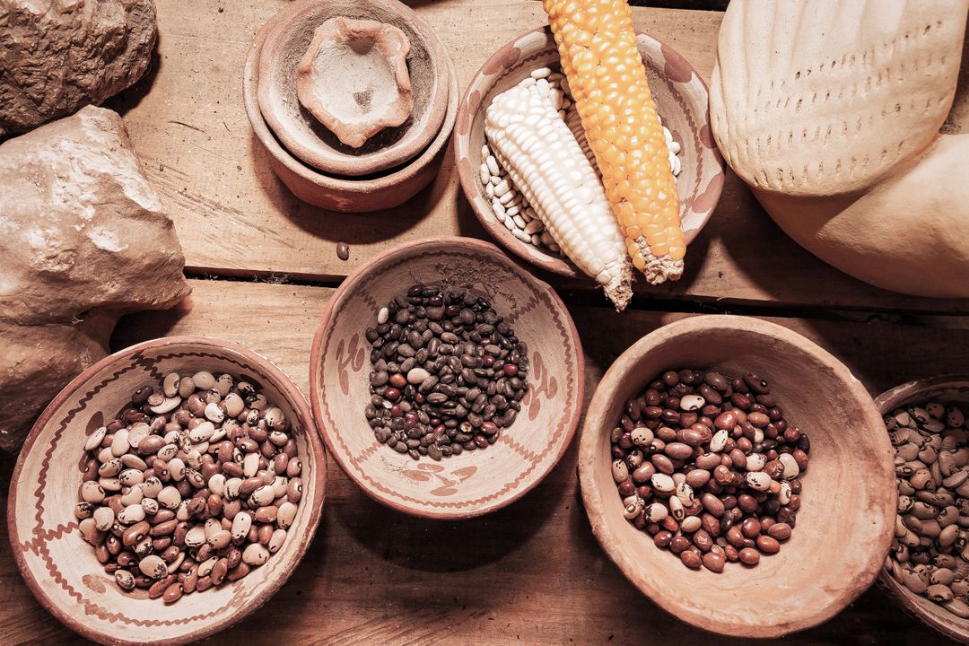 Assorted Beans and Corn in Earthen Bowls on Rustic Wood Table - Free Images, Stock Photos and Pictures on Pikwizard.com