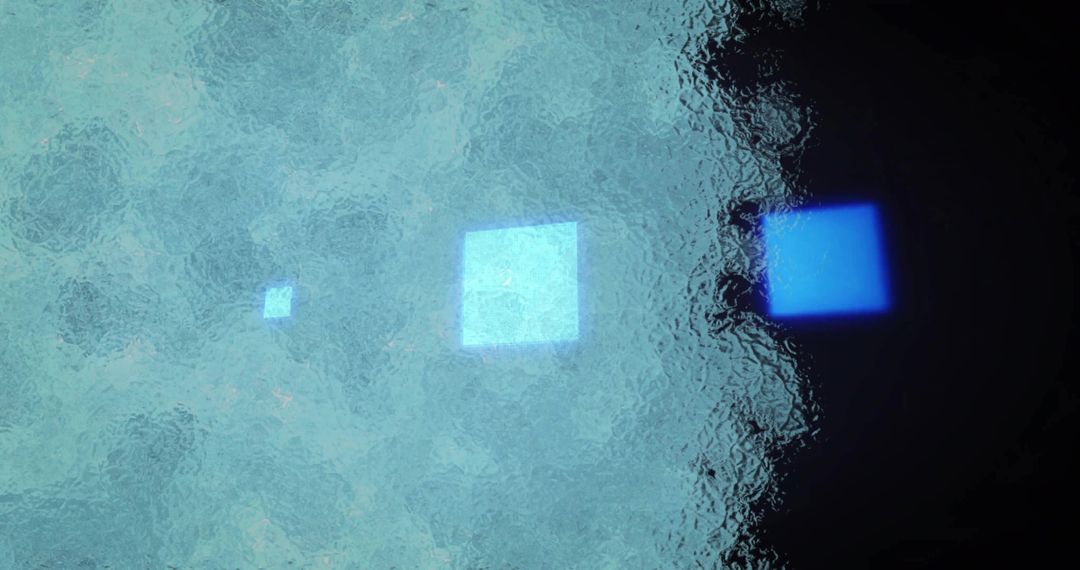 Minimalist Glowing Blue Squares Drifting Across Frosted Glass Panel with Rippled Texture