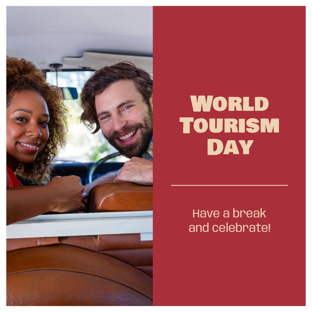 Joyful Couple Exploring in Retro Camper Van for World Tourism Day