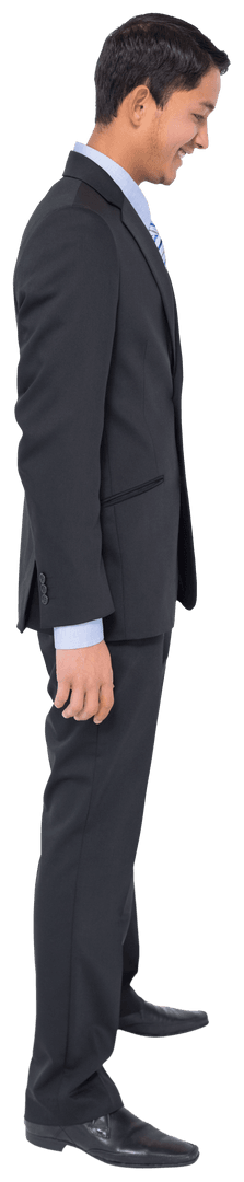 Smiling Businessman in Suit Looking Down on Transparent Background