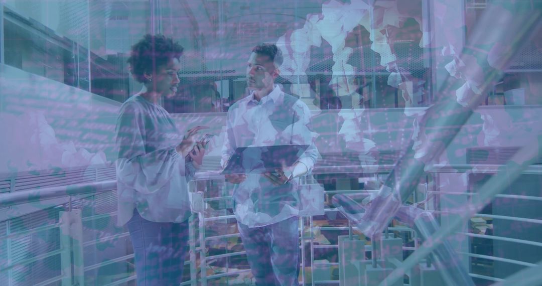 Engineers Collaborating Near Robotic Arms in Futuristic Lab