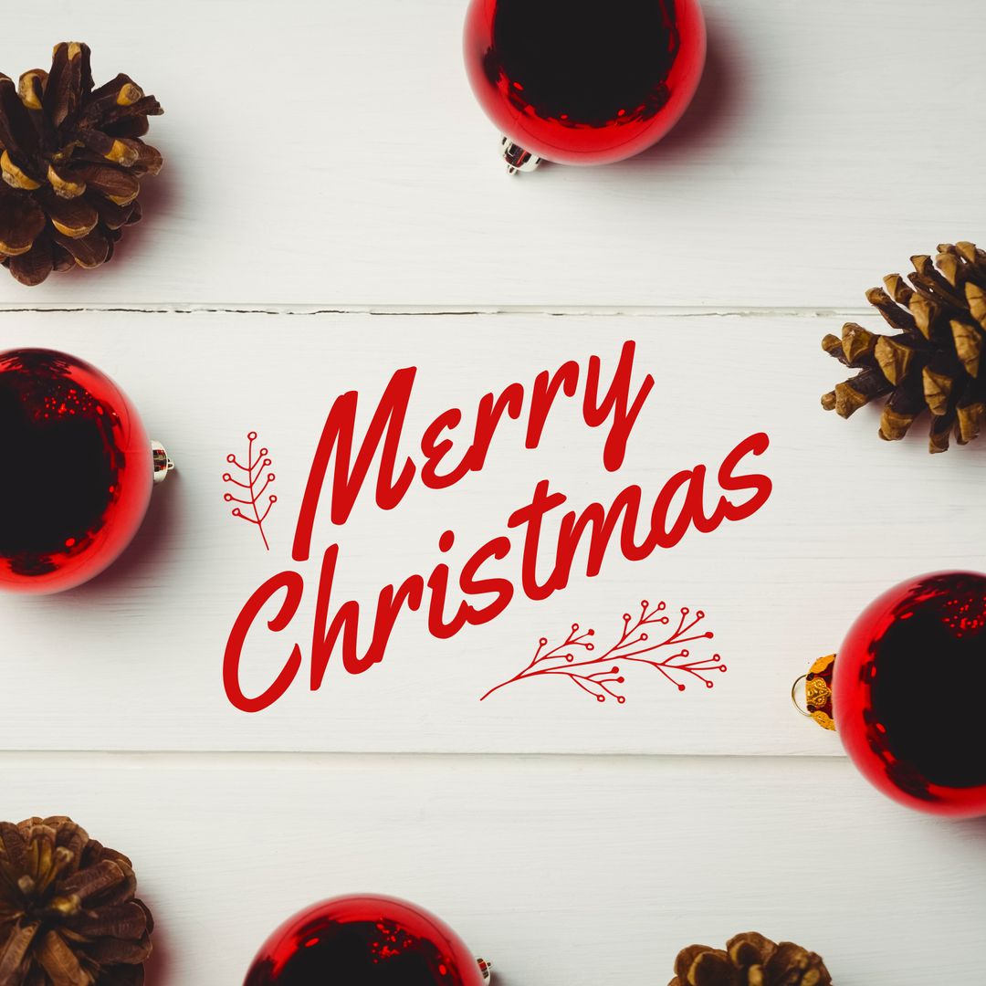 Festive Merry Christmas Greeting with Pine Cones and Ornaments