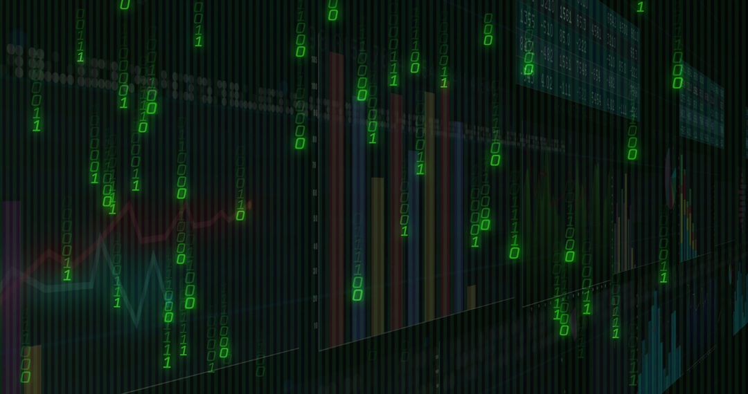 Neon cyber analytics dashboard with cascading binary code and holographic financial charts