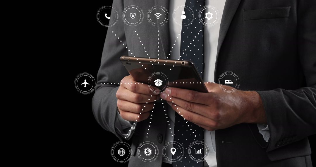 Businessman Using Tablet with Digital Network Icons Overlay