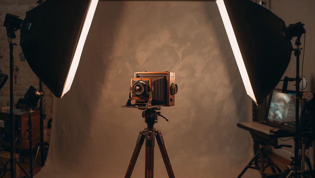 Showcasing wooden large-format bellows camera on tripod under warm studio softbox lighting