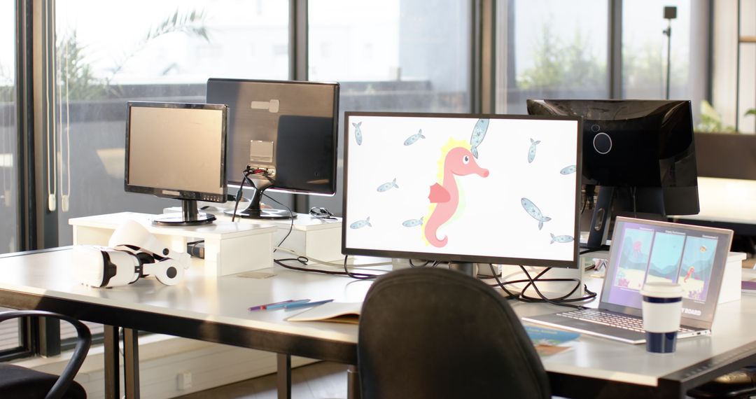 Modern Office Workspace with Monitors and Creative Technology Setup