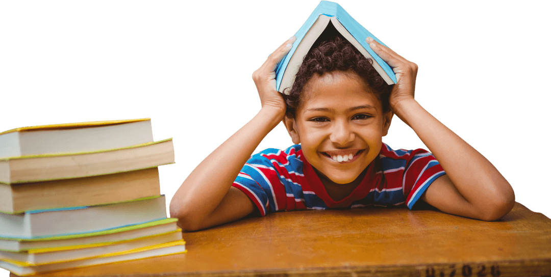 Happy Schoolboy with Books Smiling on Transparent Background