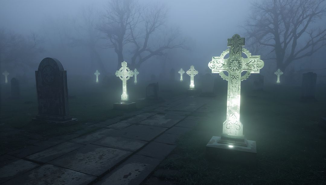 Celtic Cross Glowing in Misty Graveyard at Twilight