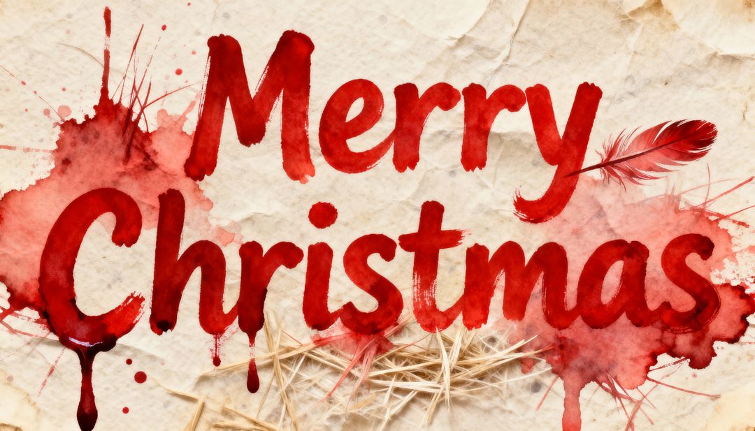 Hand-painting red watercolor Merry Christmas script on crumpled paper with feather and straw