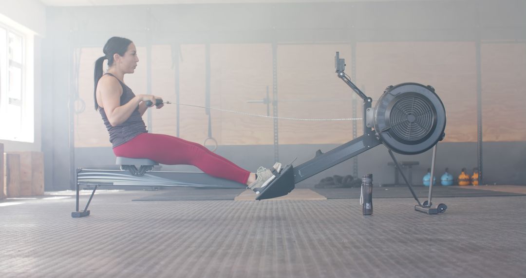 Biracial Woman Exercising on Rowing Machine in Gym, Promoting Fitness and Healthy Lifestyle - Free Images, Stock Photos and Pictures on Pikwizard.com