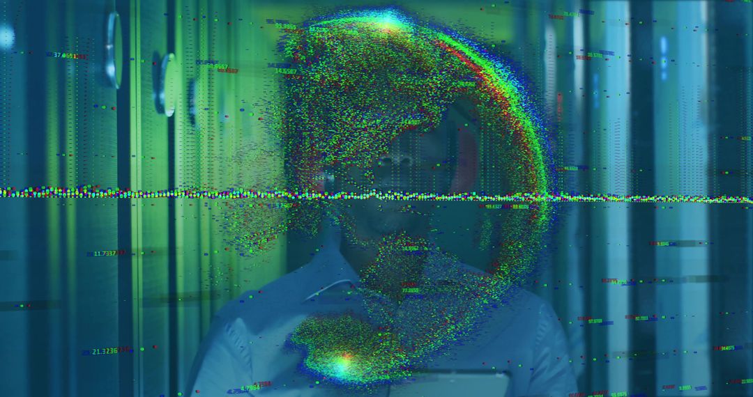 Businessman Analyzing Futuristic Data Overlay on Tablet