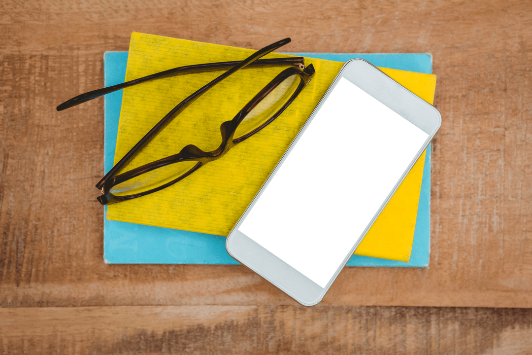 Transparent Smartphone with Glasses on Wood Surface
