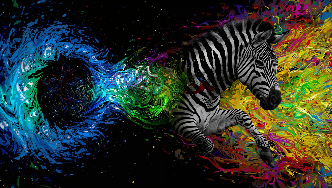 Leaping Zebra Breaking Through Colorful Paint Vortex with Blue-Green Nebula Swirl