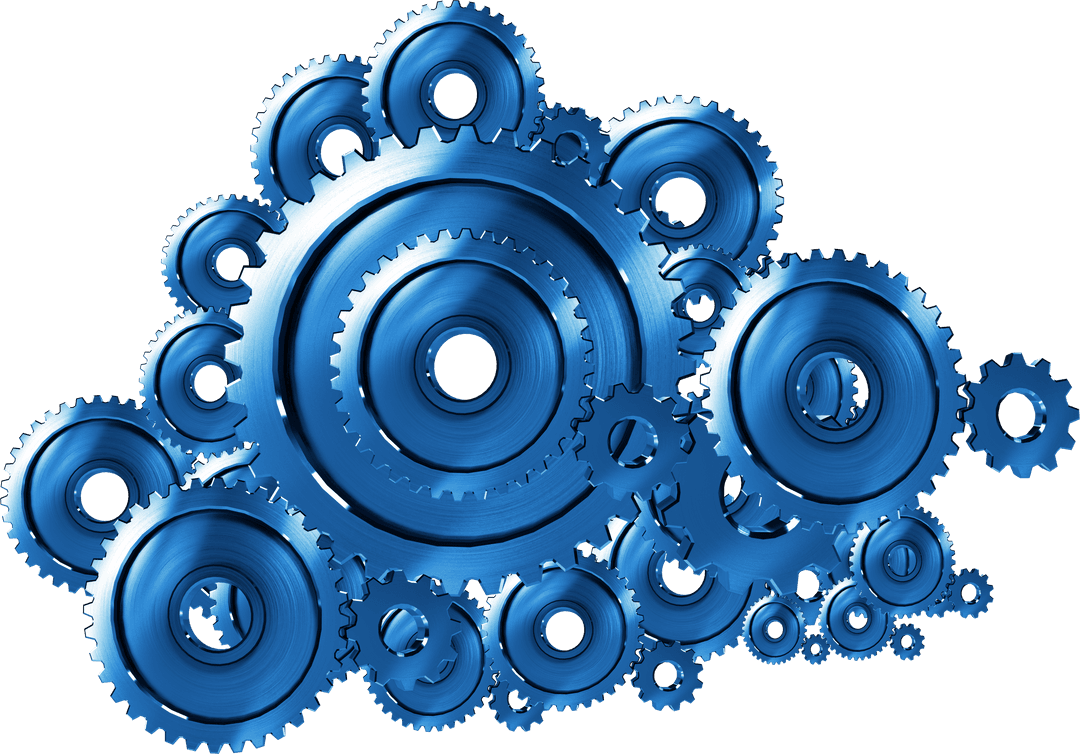 Complex Network of Blue Gear Wheels on Transparent Background