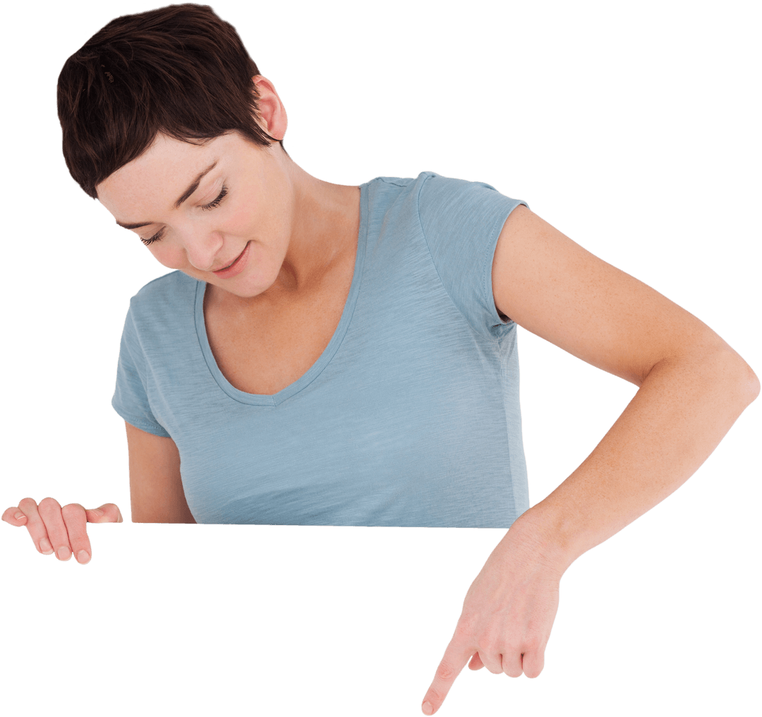 Woman Demonstrating with Blank Transparent Card Pointing Downwards