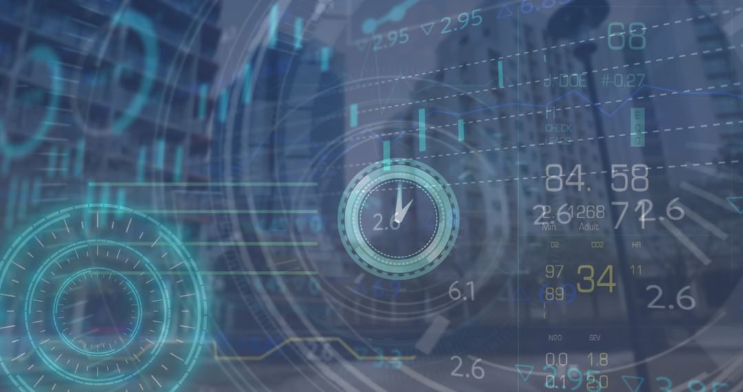 Futuristic Urban Skyline with Data Interface Overlay