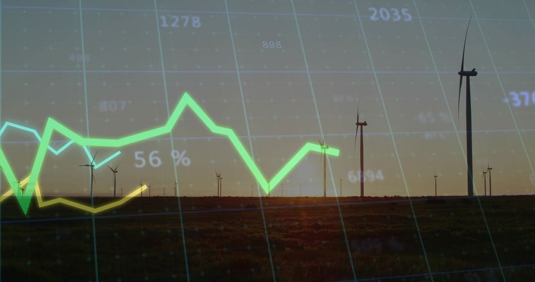 Green energy analytics visualizing wind farm performance with rising line graph overlay