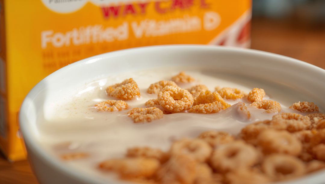Macro Close-Up of Oat Ring Cereal Soaking in Milk with Blurred Fortified Box