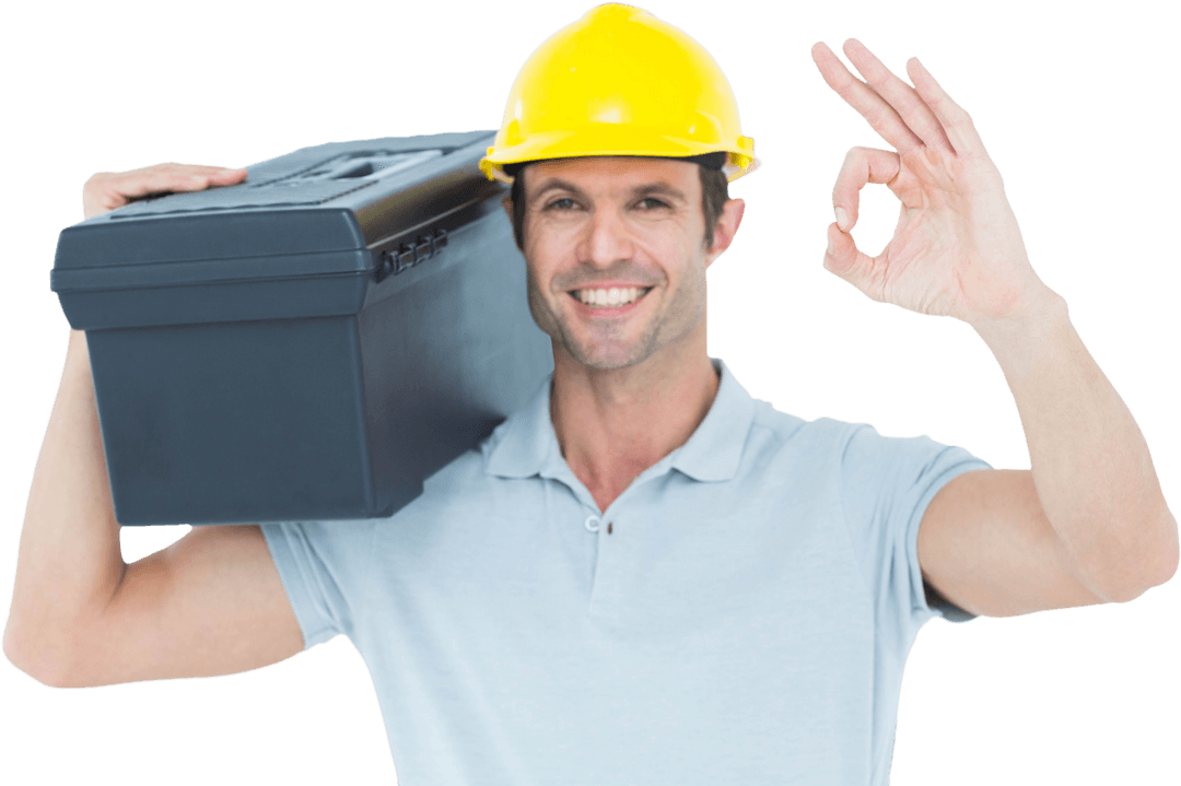 Transparent Happy Worker Holding Toolbox Gesturing OK Sign