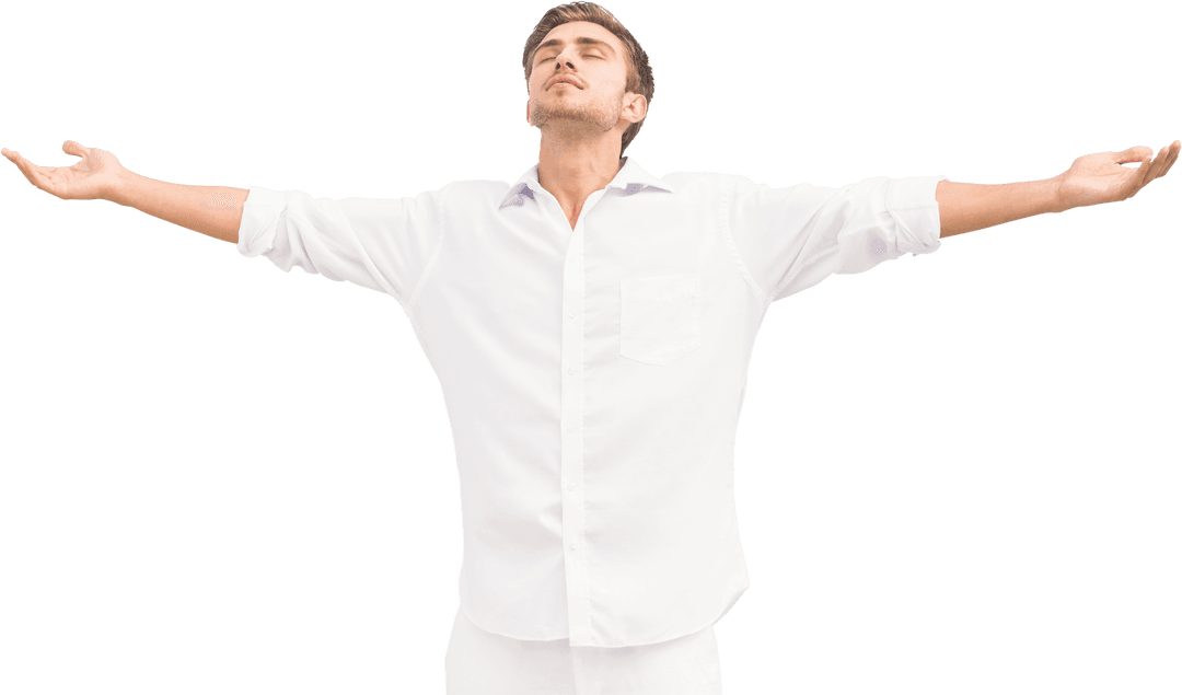 Caucasian Man Stretching Arms with Blissful Expression on Transparent Background