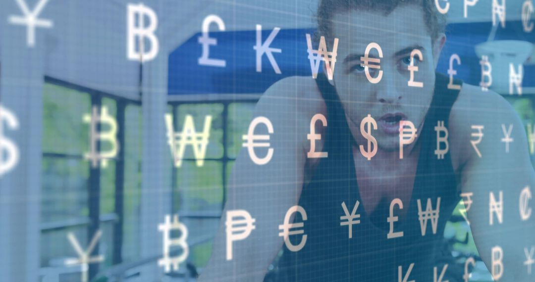 Athlete leaning on treadmill console breathing hard with floating currency symbols overlay