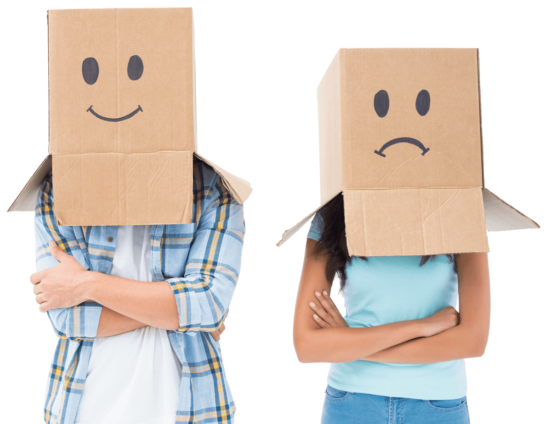 Young Couple Wearing Boxes with Drawn Faces - Transparent Background
