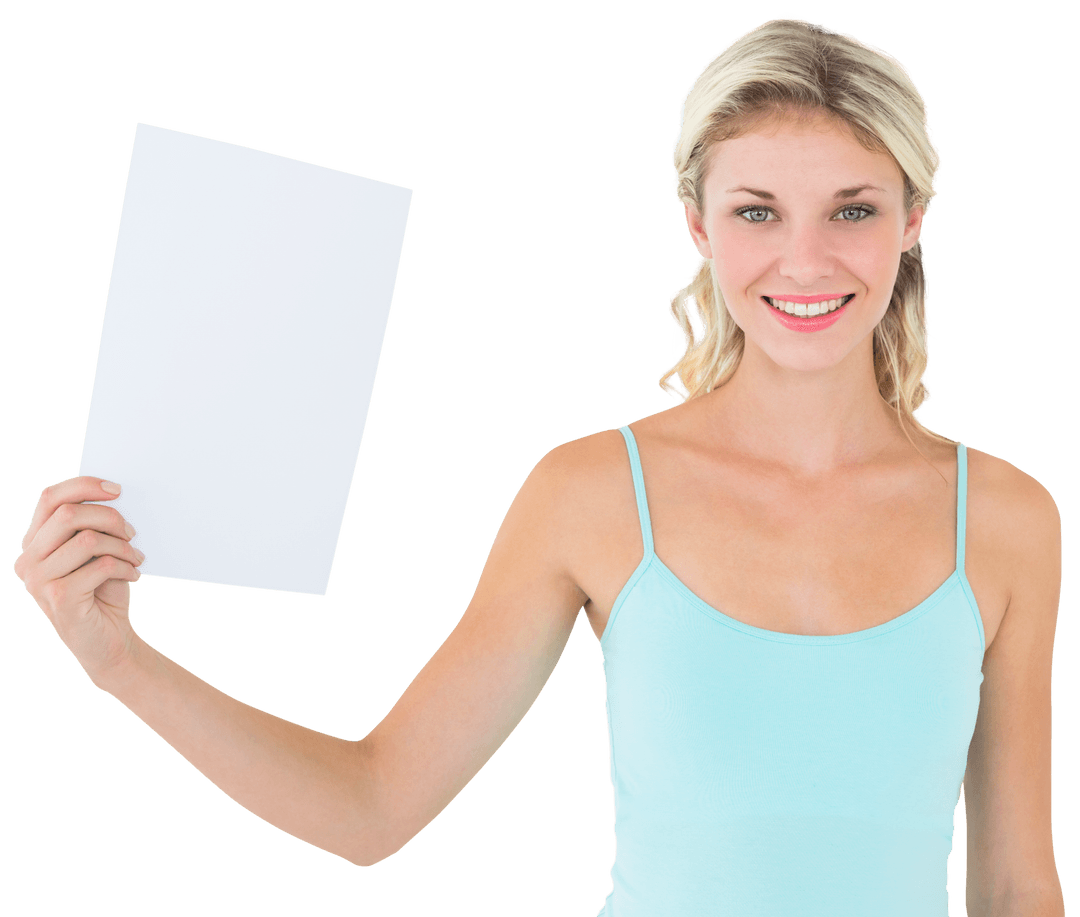 Smiling Woman Holding Blank White Paper Transparent Background