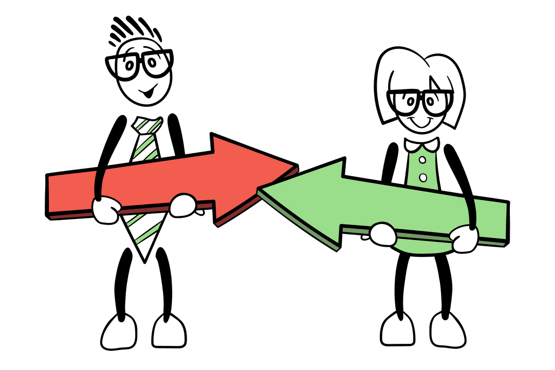 Cartoon Couple Carrying Directional Arrows on Transparent Background