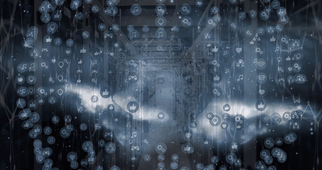 Digital Interface Over Server Room Dazzling with Glowing Icons