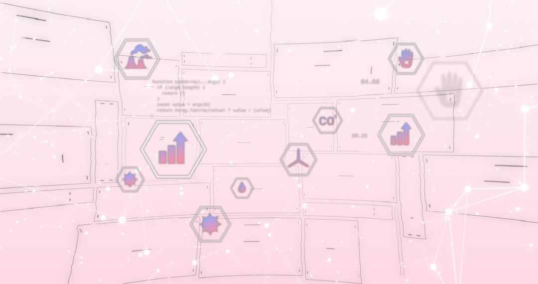 Futuristic Data Visualization with Environmental Icons on Pastel Pink Background