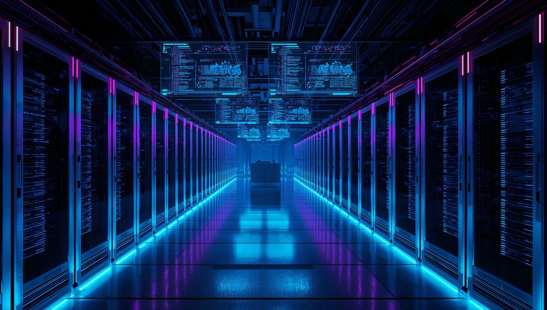 Futuristic Data Center Aisle with LED Lights and Code Panels