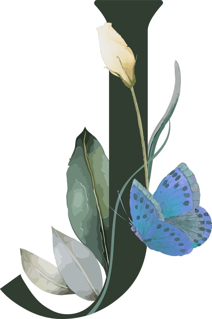 Floral Letter J with Butterfly and Bud Detail on Transparent Background